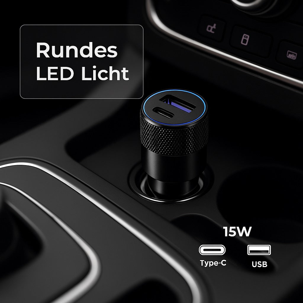 Schnellladegerät fürs Auto – USB & Typ-C, 15W  Aluminium